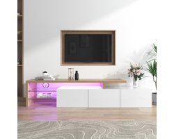 Modern TV-meubeldesign: stijlvolle elegantie, praktische opbergruimte, hoogglans wit, houtlook, glazen planken, LED-verlichting