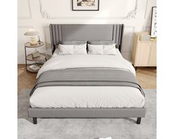 Modern Tweepersoonsbed 160x200 cm – Grijs Linnen Bed met Gestreept Hoofdbord – Opbergruimte en Stil Design