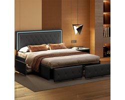 Modern tweepersoonsbed met lades, LED-lederen bedframe met opbergruimte, 140 x 200 cm, zonder matras (wordt in 2 pakketten verzonden)