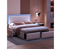 Modern tweepersoonsbed met lades, LED-lederen bedframe met opbergruimte, 160 x 200 cm, zonder matras (wordt in 2 pakketten verzonden)
