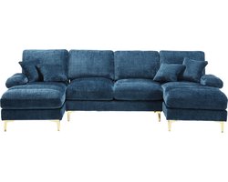 Modern U-vorm Hoekbank Chenille met Dubbele Liggedeeltes en Gouden Metalen Poten – Stijlvolle 4-Zits Bank – Blauw