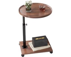 Modern verstelbaar nachtkastje met wielen Mobiele bijzettafel voor bank en bed Dubbele opbergruimte Kleine salontafel 360° draaibaar met geremde zwenkwielen Walnootkleur