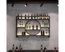Modern Wand Wijnrek Metaal – Industrieel Zwevend Wijnrek met Glazenhouder – Wandgemonteerde Bar Plank – Flessenrek voor 12 Flessen – Zwart IJzer – 100x15x80 cm