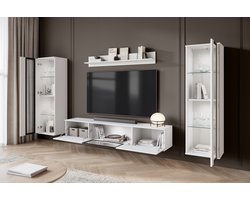 Modern Wandmeubel - 4-delige Set - 180 cm TV-kast, 2 Vitrinekasten & Wandplank - Wit Mat & Wit Hoogglans - Inclusief LED