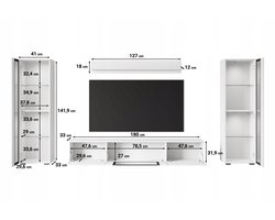 Modern Wandmeubel - 4-delige Set - 180 cm TV-kast, 2 Vitrinekasten & Wandplank - Zwart Mat - Inclusief LED