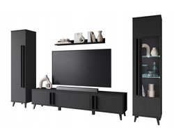 Modern Wandmeubel op Pootjes - 4-delige Set - 180 cm TV-kast, Vitrinekast & Boekenkast - Zwart Mat - Inclusief LED
