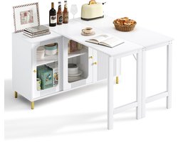 Modern wit buffetkast met een neerklapbaar en uitschuifbaar tafelblad, draaibaar oppervlak, goudkleurige metalen poten, glazen schuifdeuren en een golvend patroon – perfect voor de eetkamer en keuken.