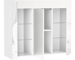 Modern Wit Dressoir – Dressoirkast – Opbergkast – Buffetkast – Kastje – Hoogglans Front – Compact 95x35x83 cm – Glazen Planken & Kastdeur