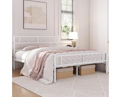 Modern Wit Metalen Bed 140x200 cm met Hoofdbord – Minimalistisch Bedframe met Lattenbodem, Logeerbed met Extra Opbergruimte Onder Bed – Stevig & Stijlvol Slaapkamer Bed
