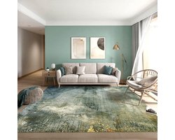 Modern Woonkamerkleed - Abstract Tapijt - Interieur Decoratie - Vlekbestendig & Antislip - 100 x 200 cm - Blauw Groen Goud