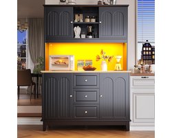 Modern XL Buffetkast met Ambiance Verlichting en Verstelbare Interieurplanken – Hoog Dressoir met 4 Deuren en 3 Laden – 120x40x180 cm – Zwart