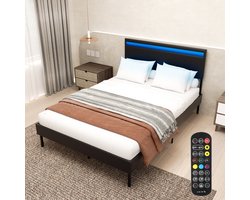 Modern Zwart Bed 140x200 cm - Opbergbed met geïntegreerde LED's, gestoffeerd hoofdeinde en lattenbodem inbegrepen