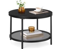 Modern ZWART Marmerlook 5 cm Dikke Tafelblad met Heldere Stevig Hard Glazen Plank eronder de Elegante Zwart Stalen Poten & Hoge Stabiliteit- Hardglazen Dienblad Onderkant - Robuuste & Duurzame 5mm Dikke Geharde Glas zorgt voor Stabiliteit