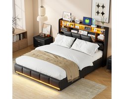 Modern zwart PU bed 140x200 cm – LED-verlichting aan hoofdbord & voeteneinde, USB-oplaadpunt, opbergruimte – stijlvol tweepersoonsbed