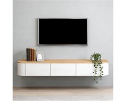 Modern Zwevend TV Meubel 160x24x20 cm met 2 Lades en 1 Deur – Beige Wand TV Kast met Kabelmanagement en Opbergruimte