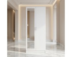 Moderna Luxe 2-Deurs Kledingkast met Spiegel 76x47x180 cm – Compacte Draaideurkast met Softclose, Kledingstang en Legplanken – Wit House & Garden