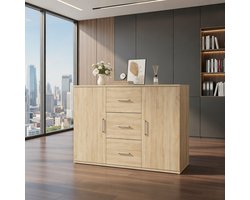 ModernaLux Dressoir met 2 Deuren en 3 Laden – Multifunctionele Opbergkast / Sideboard / Commode met Veel Opbergruimte – 146 cm Breed – Sonoma Eiken – NoviHome