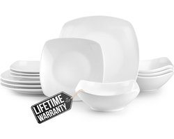 Moderne 12-delige Porseleinen Serviesset voor 4 - Chip- en Krasbestendig, Magnetron- en Vaatwasmachinebestendig, Vierkant Serviesgoed in Parelwit