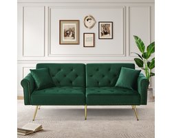 Moderne 2-zits slaapbank – met fluwelen bekleding, 3-standen verstelbare rugleuning & vergulde metalen poten. Stijlvolle sofa met slaapfunctie – ruimtebesparend, draagkrachtig, ideaal voor kleine ruimtes.- groen