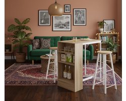 Moderne 3-delige Bartafelset met 2 Barkrukken – Keukentafel met 3 Opbergniveaus, Ruimtebesparende Statafel 91x49x91 cm in Licht Eiken en Wit – Ideaal voor Keuken, Eetkamer, Bistro of Bar – Medahomestore