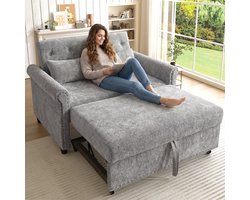 Moderne 3-in-1 Slaapbank Couch - Met Slaapfunctie - 3-standig Verstelbare Rugleuning - Uitschuifbaar Gastenbed - Inclusief 2 Kussens - 2-zits - Grijs - Chenille - 150kg Belastbaar