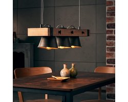 Moderne 3-lichts Hanglamp met Draaibare Kappen - In Hoogte Verstelbaar - Zwart Metaal en Houten Accent