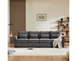 Moderne 4-zitsbank in linnen stof, 4-zitsbank met armleuningzakken en 4 kussens, eenvoudige stijl bank, geschikt voor woonkamer, huis, kantoor, donkergrijs