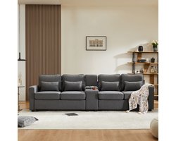 Moderne 4-zitsbank van linnenstof met console, 2 bekerhouders, 2 USB-poorten voor kabelopladen, met armleuningzakken en 4 kussens, eenvoudige bank voor woonkamer, appartement, kantoo