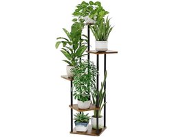 Moderne 5-laags Plantenstandaard van Hout en Metaal - Ruimtebesparend Plantenrek voor Woonkamer, Balkon en Kantoor - Stevig en Waterbestendig - Zwart en Bruin