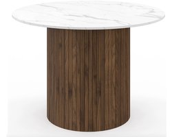 Moderne 6-persoons ronde eettafel met centrale poot met walnoot lamelleneffect en tafelblad met wit marmereffect 110 cm