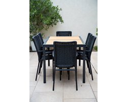 Moderne 7-delige tuinset – Furnitureland luxe tuinmeubelset 6 stoelen met kussens (7 cm), polyrotan dining set met acaciahouten tafelblad 150x90 cm – weerbestendig, stapelbaar, zwart – voor tuin, terras en balkon