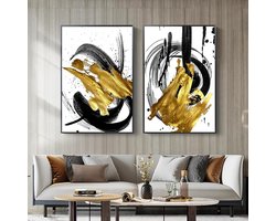 Moderne Abstracte Kalligrafie Schilderij Zwart en Goud Canvas Poster Wall Art Foto voor Woonkamer Woondecoratie 50x70cmx2 Frameless