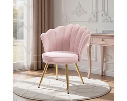 Moderne Accentstoel Fluweel, Gestoffeerde Fauteuil met Gouden Metalen Poten, Elegante Kaptafelstoel voor Woonkamer, Slaapkamer of Make-uphoek – Roze