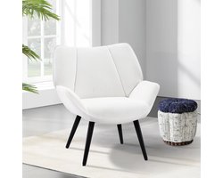 Moderne accentstoel - Gestoffeerde fauteuil - Brede, uitlopende armleuningen - Stevige metalen poten - Brede, comfortabele zitting - Wit