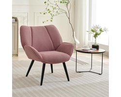 Moderne accentstoel van corduroy – Gestoffeerde fauteuil – Brede, uitlopende armleuningen – Stevige metalen poten – Brede, comfortabele zitting – Roze