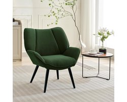 Moderne accentstoel van corduroy – Gestoffeerde fauteuil – Brede, uitlopende armleuningen – Stevige metalen poten – Brede, comfortabele zitting – Groen