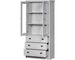 Moderne Archiefkast Vitrinekast hoge kast 80x34x171 cm – met glazen deuren, 3 lades & koperen handgrepen – Stijlvolle opbergruimte voor woonkamer, kantoor & hal