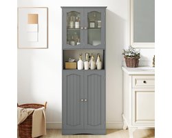 Moderne Badkamerkast met 4 Deuren, Open Vak & Verstelbare Planken – Vrijstaande Hoge Kast met Kantelbeveiliging – 164 cm – MDF Opbergkast voor Badkamer, Keuken & Woonkamer – Grijs