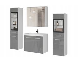 Moderne Badkamermeubelset Canada – 4-delig – Inclusief Wastabel & Spiegelkast – Hoge en Lage Kolomkast – Wit Mat & Grijs Hoogglans – Hangend Design