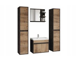 Moderne Badkamermeubelset Canada – 4-delig – Inclusief Wastafel & Spiegel – 2 Hoge Kasten – Matera Grijs & Kastanje Mat – Hangend Design