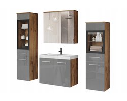 Moderne Badkamermeubelset Canada – 4-delig – Inclusief Wastafel & Spiegelkast – Hoge en Lage Kolomkast – Kastanje & Grijs Hoogglans – Hangend Design