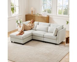 Moderne bank - driezitsbank - woonkamerbank - met voetenbank - L-vormige hoekbank - beige