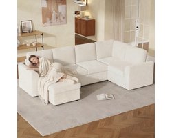 Moderne bank - L-vormige hoekbank met armleuningen - 1 verplaatsbare multifunctionele voetenbank - beige