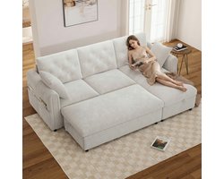 Moderne bank - met voetenbank en opbergruimte - chaise longue kan aan beide zijden geplaatst worden - armleuning met tijdschriftenzak - beige