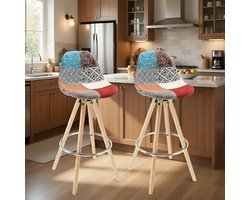 Moderne Barkrukken met Rugleuning en Voetensteun – Set van 2 – Houten Poten & Linnen Zitting – Comfortabele Keukenkrukken voor Keukeneiland, Bar of Eettafel – Multicolor – 75 cm Zithoogte | Casa Serena