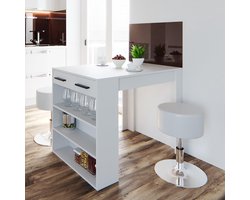Moderne Bartafel met Lade, Opbergrek en 2 Witte Barkrukken – 100x67x77,5 cm – Zwarte Eettafel, Bistrotafel of Hoge Tafel met Opbergruimte – Compact Design voor Keuken of Studio