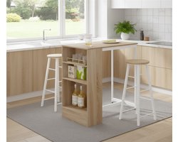 Moderne Bartafel Set met 2 Barkrukken en Opbergrek – 91x49x91 cm – Licht Eiken en Wit – Medahomestore