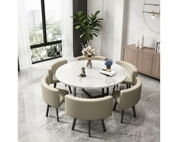 Moderne Bartafel Set met Stoelen voor Woonkamer, Keuken, Balkon en Café – Elegante Eettafelset met Zwart Geaccentueerde Poten en Comfortabele Stoelen, Lichtgrijs Imitatie Marmer Werkblad – 6-Persoons Tafelset voor Thuis, Kantoor en Commerciële Gebrui