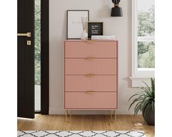 Moderne boho dressoir met 4 laden – roze ladekast met gouden poten