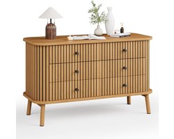 Moderne Brede Commode met 6 Laden - Boho Ladekast met Bamboe Look - Natuurlijk Hout met Zwarte Handgrepen - Opbergkast voor Slaapkamer, Woonkamer & Hal - 97 cm Breed